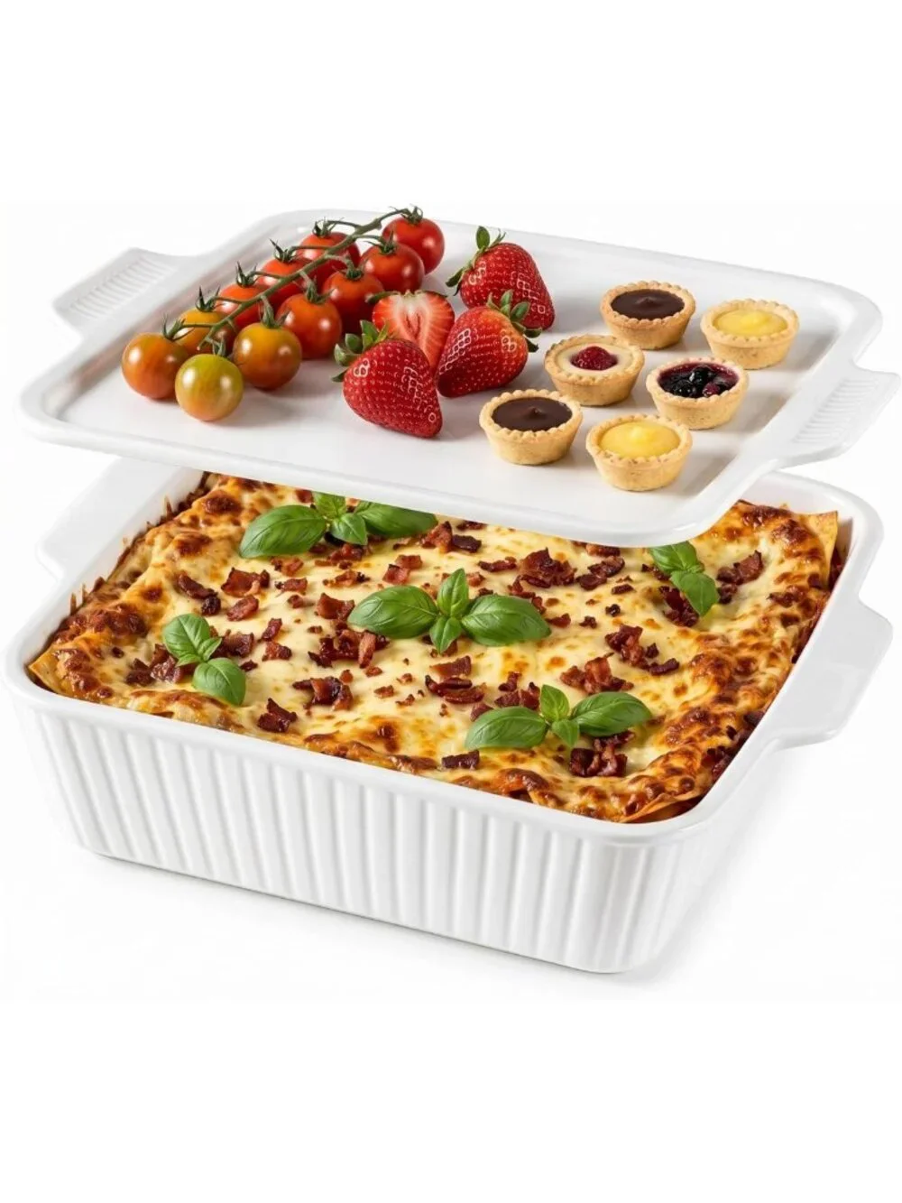 10” Square Casserole Dish with Lid - 2.6 Qt Porcelain Bakeware for Lasagna
